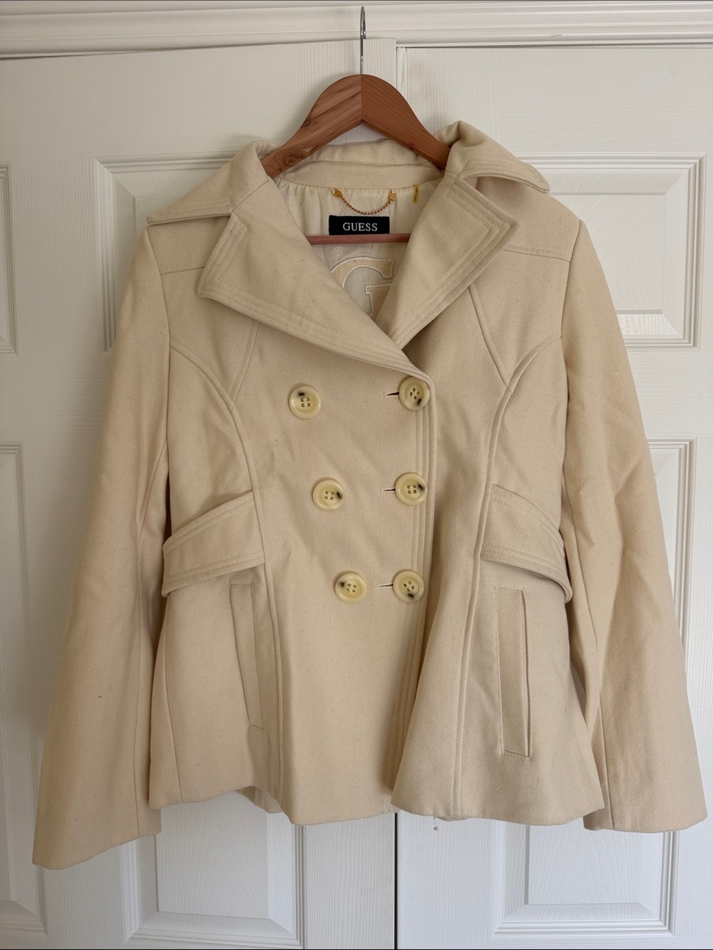 GUESS Women's Cream Double-Breasted Pea Coat